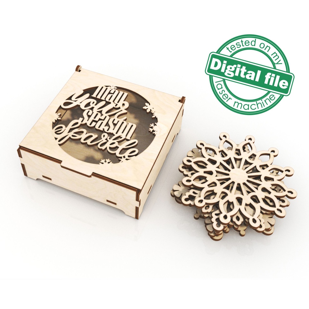 DXF, SVG files for laser Gift box May your season sparkle, Set of 6 Christmas Snowflakes, Glowforge, Material 1/8 inch (3.2 mm)