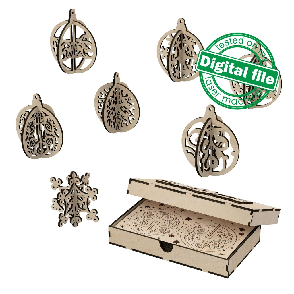 DXF, SVG files for laser Gift box with a set of wooden gift cards, 3D ornaments and snowflakes, 7 different designs, material 1/8'' (3.2 mm)