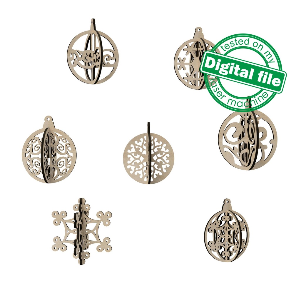 DXF, SVG files for laser Gift box with a set of wooden gift cards, 3D ornaments and snowflakes, 7 different designs, material 1/8'' (3.2 mm)