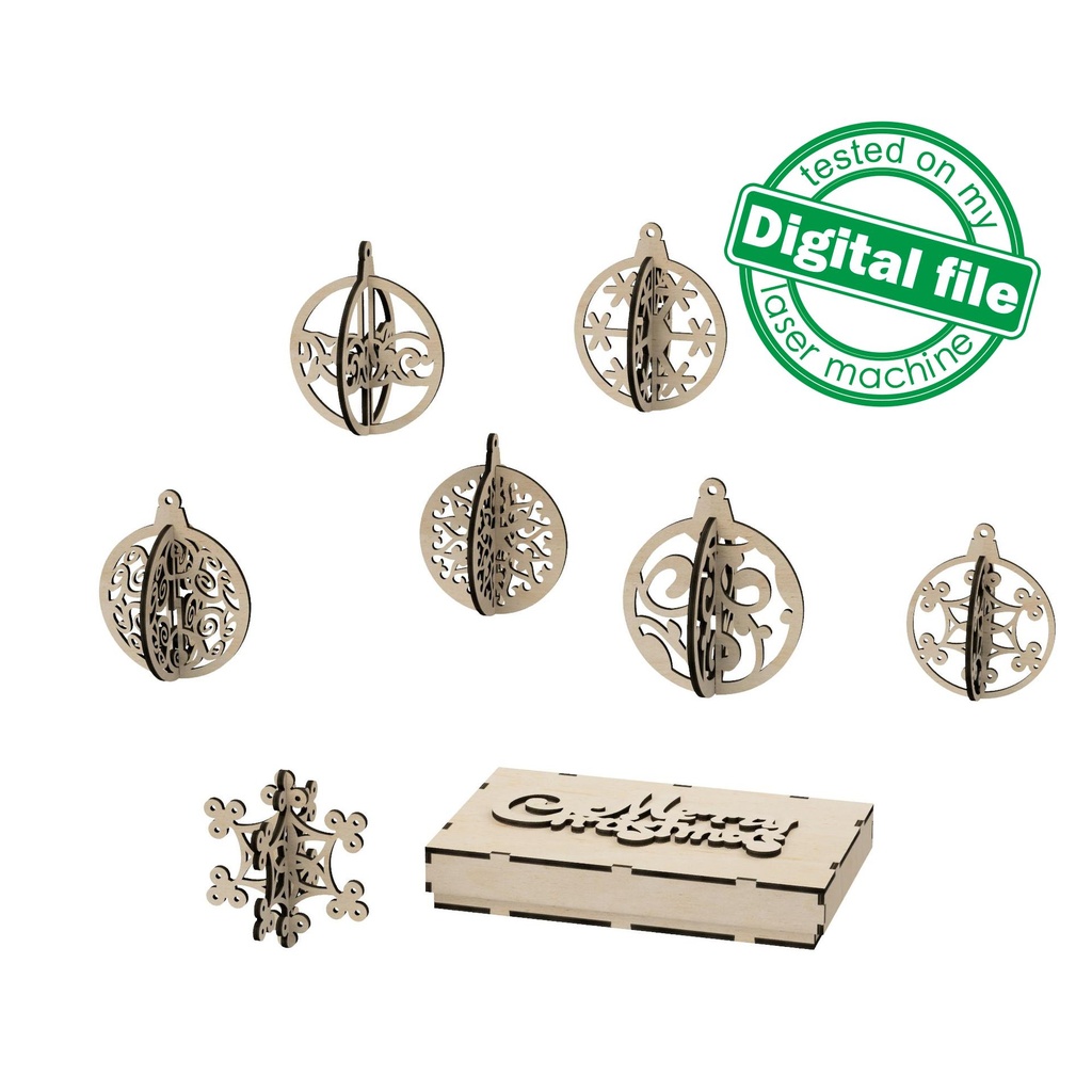 DXF, SVG files for laser Gift box with a set of wooden gift cards, 3D ornaments and snowflakes, 7 different designs, material 1/8'' (3.2 mm)