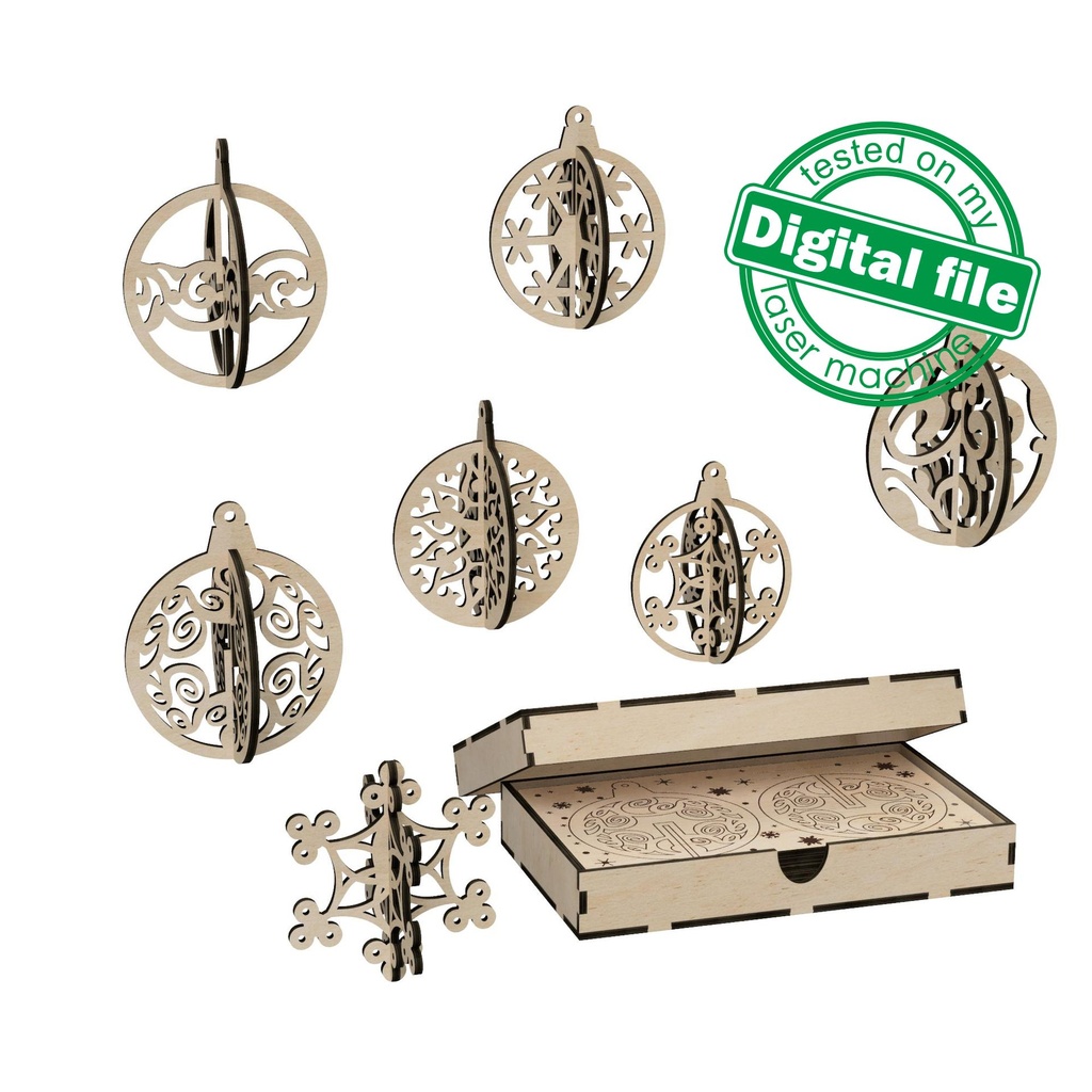 DXF, SVG files for laser Gift box with a set of wooden gift cards, 3D ornaments and snowflakes, 7 different designs, material 1/8'' (3.2 mm)