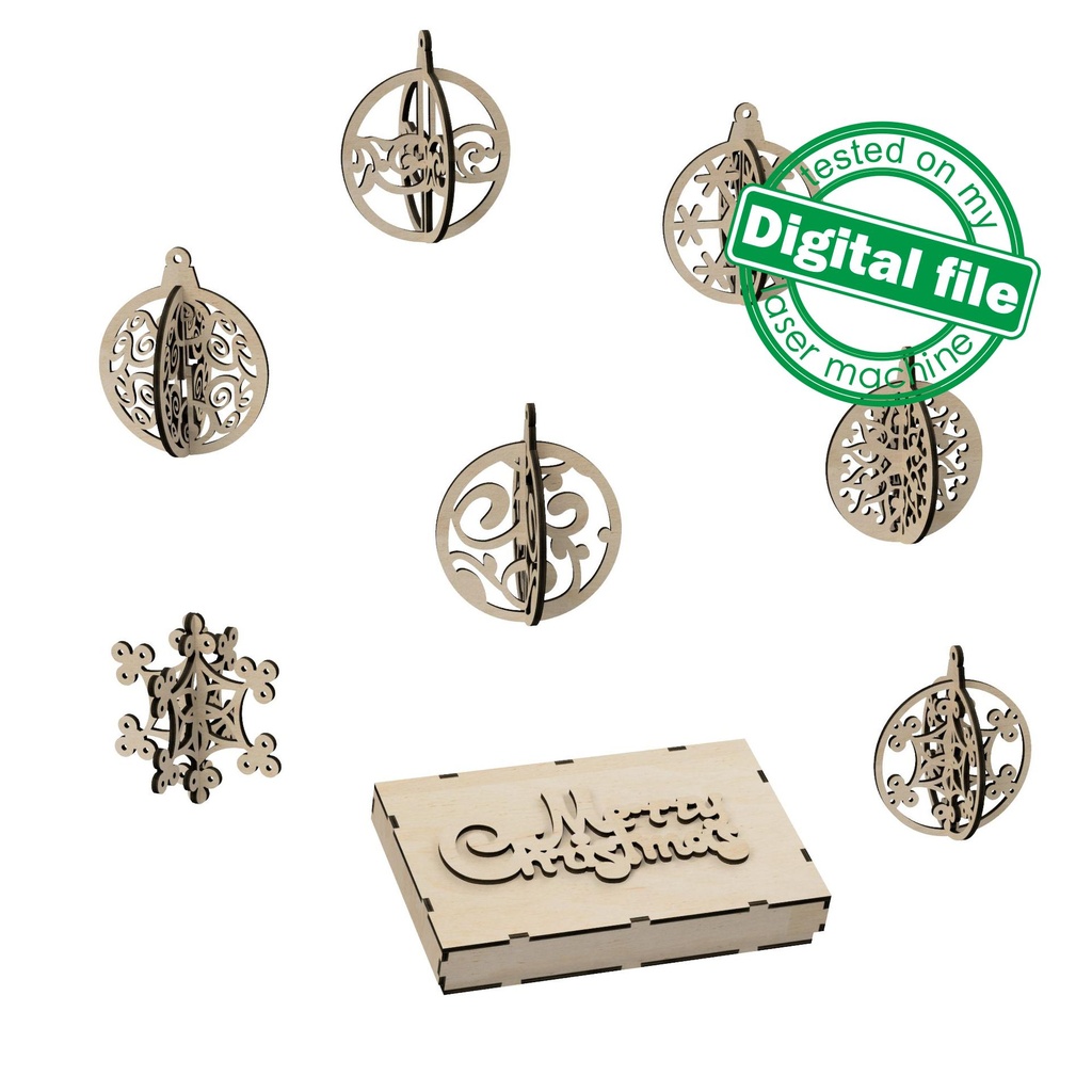 DXF, SVG files for laser Gift box with a set of wooden gift cards, 3D ornaments and snowflakes, 7 different designs, material 1/8'' (3.2 mm)