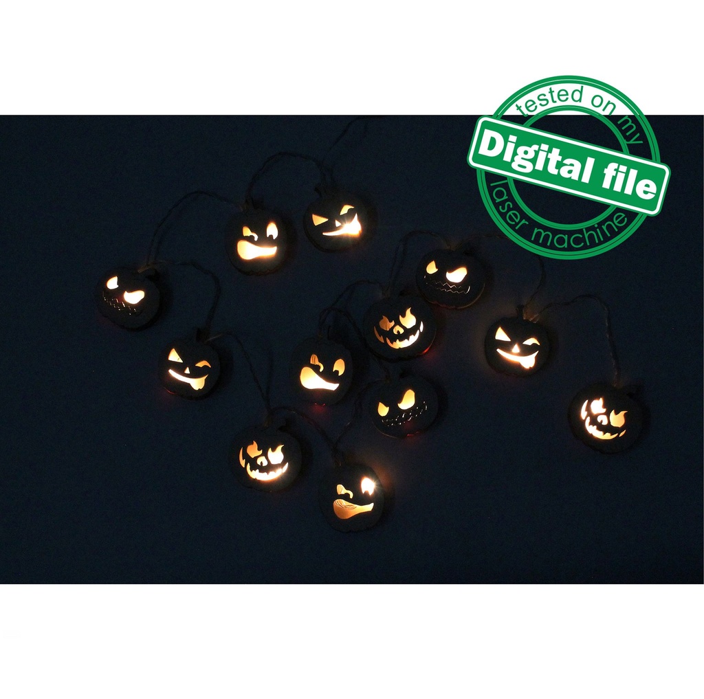 DXF, SVG files for laser Halloween Scary Pumpkins garland, LED Light, 4 different design, Halloween decoration, Glowforge