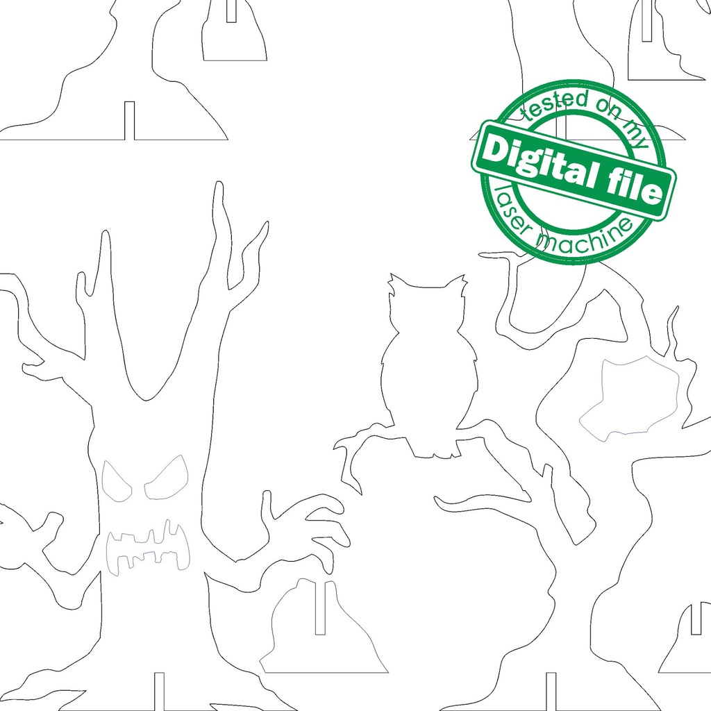 DXF, SVG files for laser Halloween Scary Trees, 4 Different Design, Vector project, Glowforge, Material thickness 1/8 inch (3.2 mm)