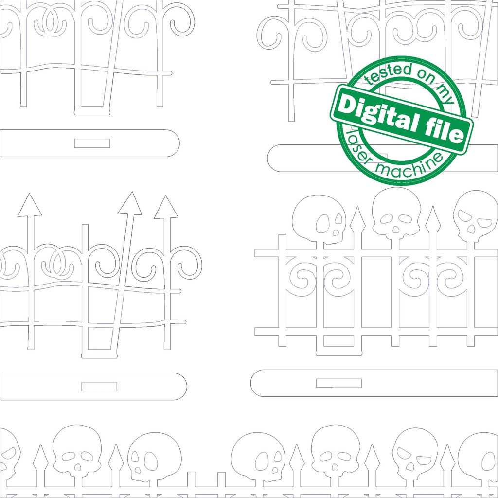 DXF, SVG files for laser Halloween Skull Fence, 5 Different Design, Vector project, Glowforge, Material thickness 1/8 inch (3.2 mm)