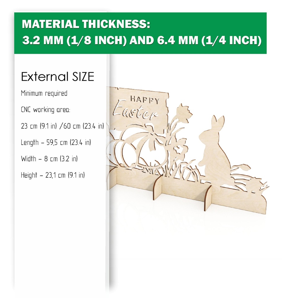 DXF, SVG files for laser Happy Easter decoration, bunny hiding eggs, Two Different Material thickness 1/8 inch (3,2 mm), 1/4 inch (6,4 mm)