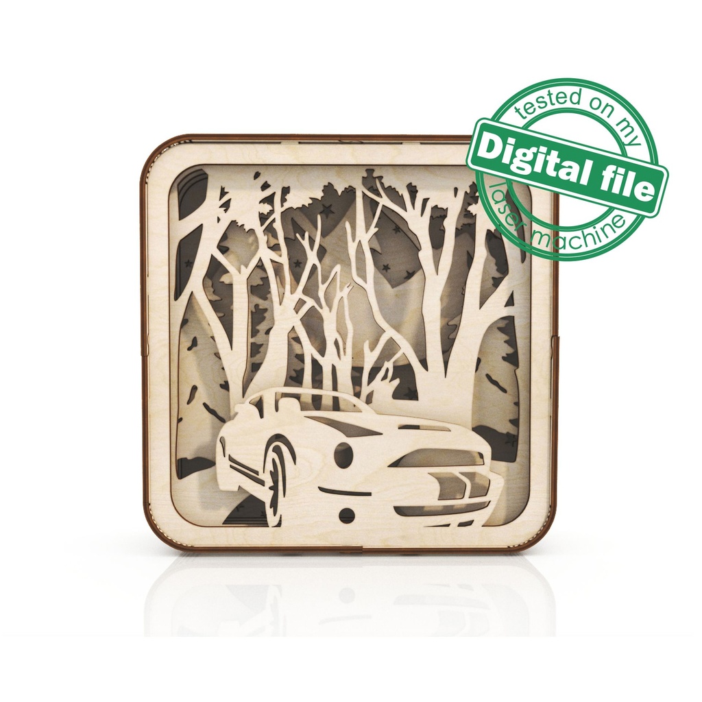 DXF, SVG files for laser Light box Car in winter forest, Shadowbox, Vector project, Glowforge, Material thickness 1/8 inch (3.2 mm)