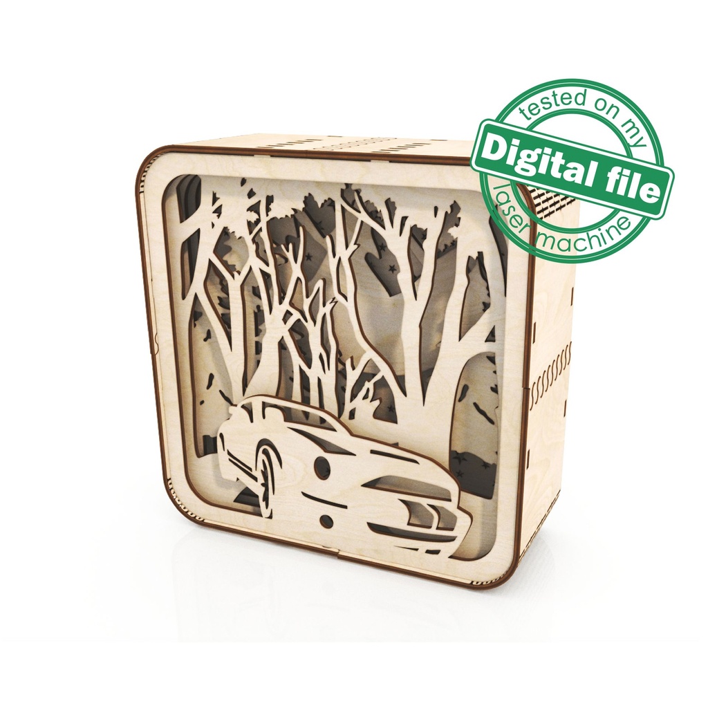 DXF, SVG files for laser Light box Car in winter forest, Shadowbox, Vector project, Glowforge, Material thickness 1/8 inch (3.2 mm)