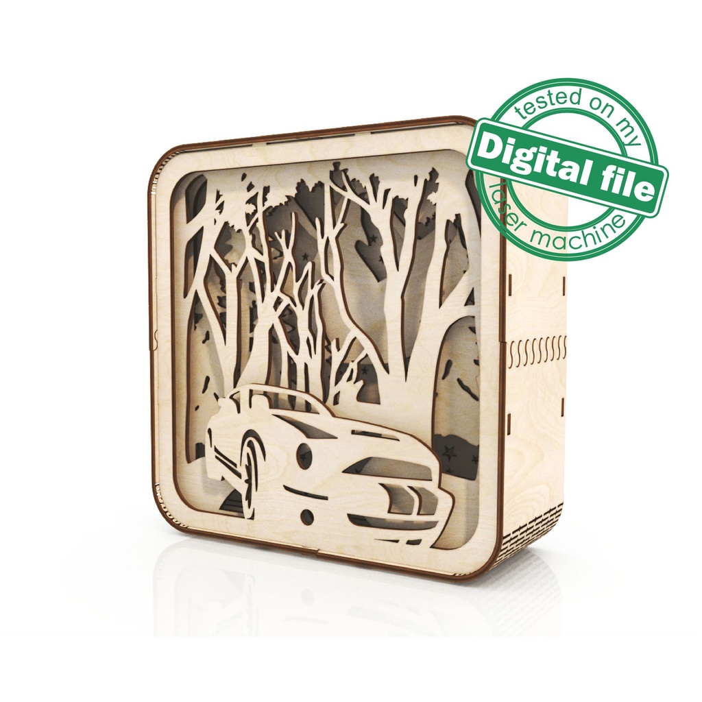 DXF, SVG files for laser Light box Car in winter forest, Shadowbox, Vector project, Glowforge, Material thickness 1/8 inch (3.2 mm)