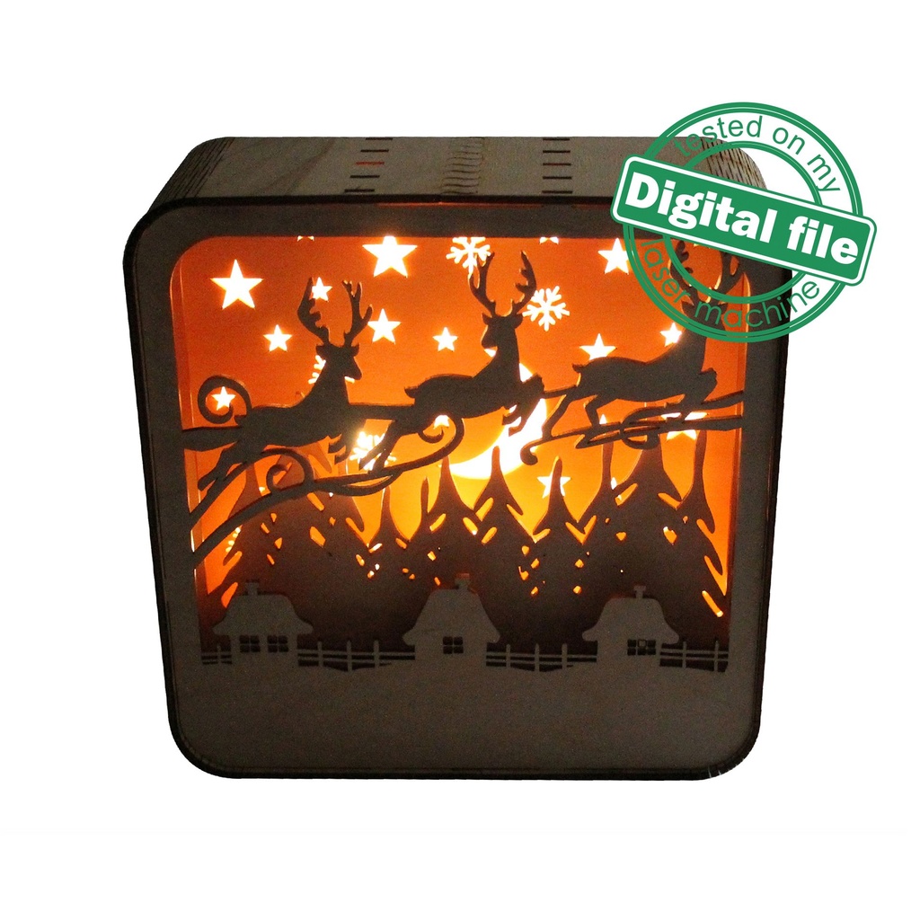 DXF, SVG files for laser Light box Christmas Village, Flying reindeer, Light-up Christmas, Glowforge, Material thickness 1/8 inch (3.2 mm)