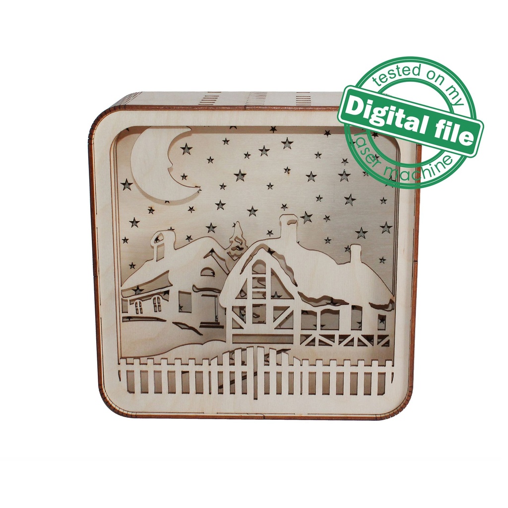 DXF, SVG files for laser Light box Christmas Village, Shadow box, Light-up Christmas, Glowforge, Material thickness 1/8 inch (3.2 mm)