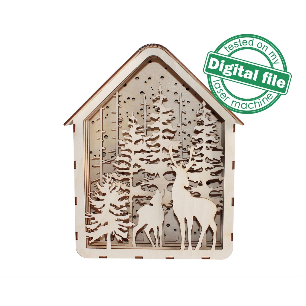 DXF, SVG files for laser Light box Deers in the forest, Shadow box, Light-up Christmas, Glowforge, Material thickness 1/8 inch (3.2 mm)