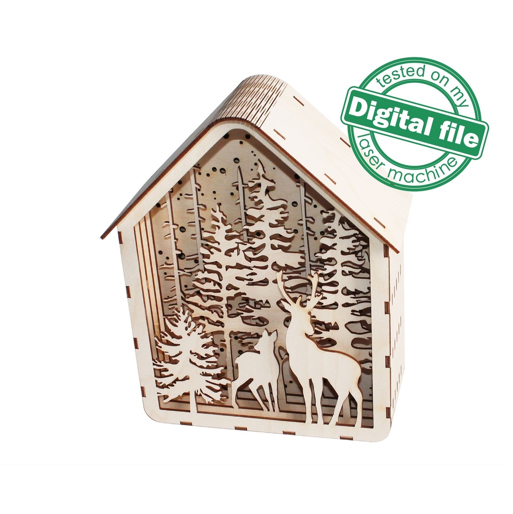 DXF, SVG files for laser Light box Deers in the forest, Shadow box, Light-up Christmas, Glowforge, Material thickness 1/8 inch (3.2 mm)