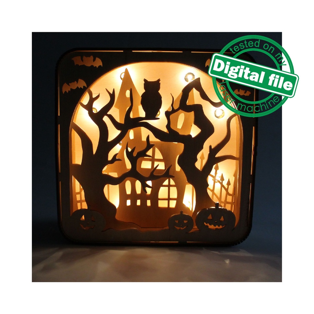 DXF, SVG files for laser Light box Halloween, Old castle, Pumpkins ...