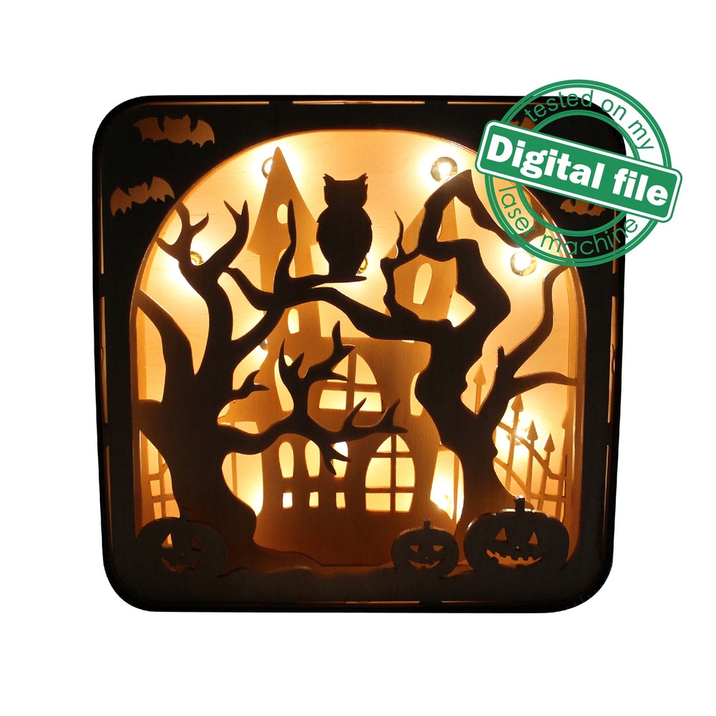DXF, SVG files for laser Light box Halloween, Old castle, Pumpkins ...