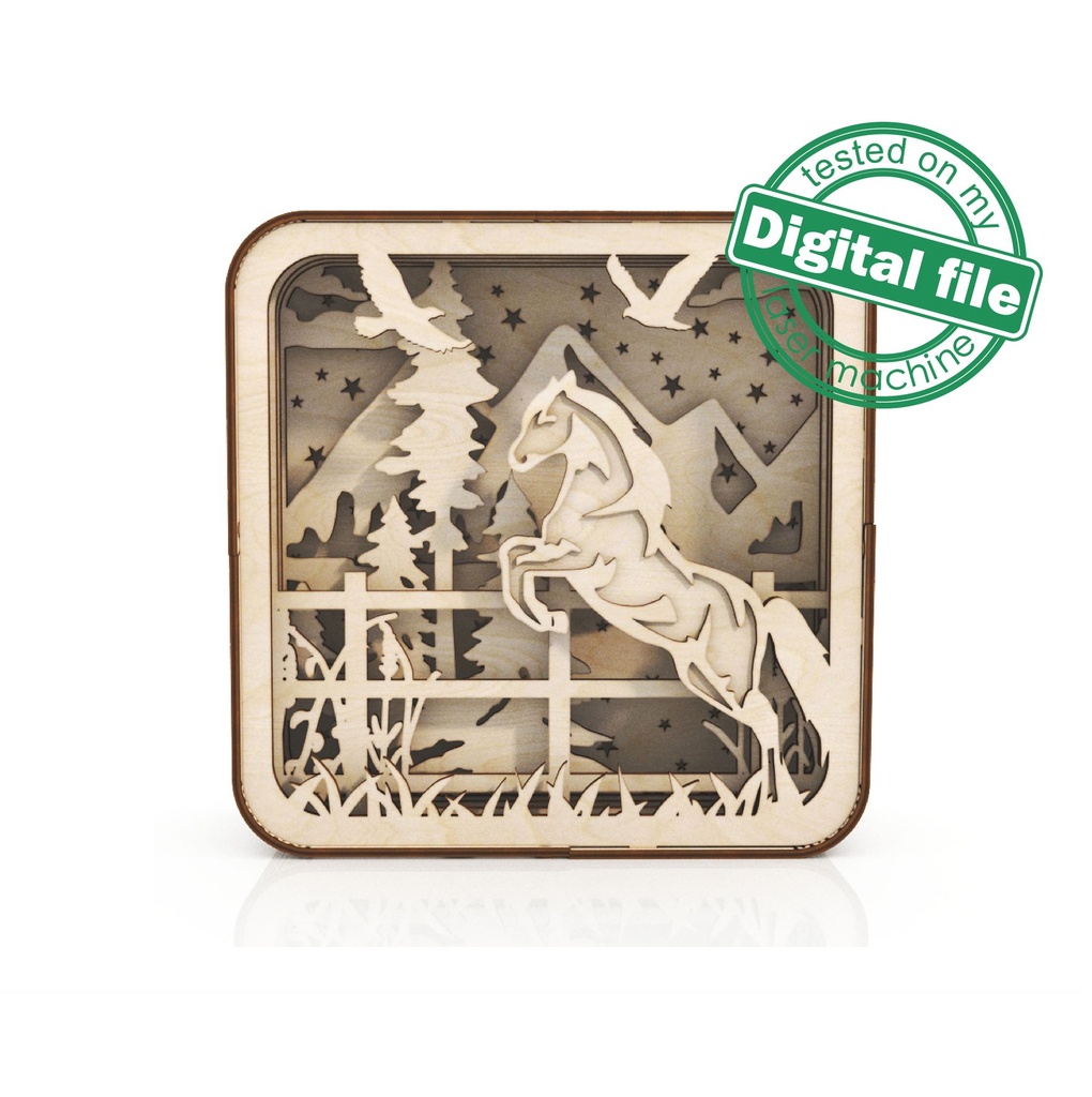 DXF, SVG files for laser Light box Horse and mountains, Shadowbox, Vector project, Glowforge, Material thickness 1/8 inch (3.2 mm)
