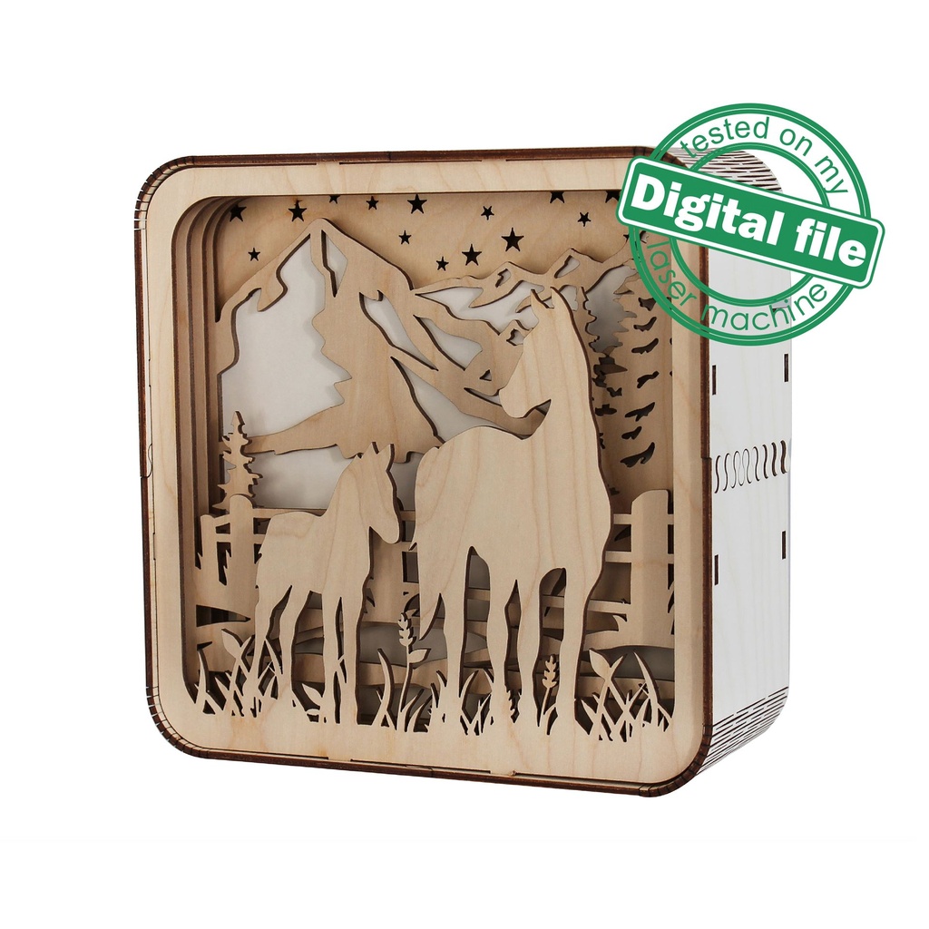 DXF, SVG files for laser Light box Horses, Mountain, Starry Sky, Shadow box, Glowforge, Material thickness 1/8 inch (3.2 mm)
