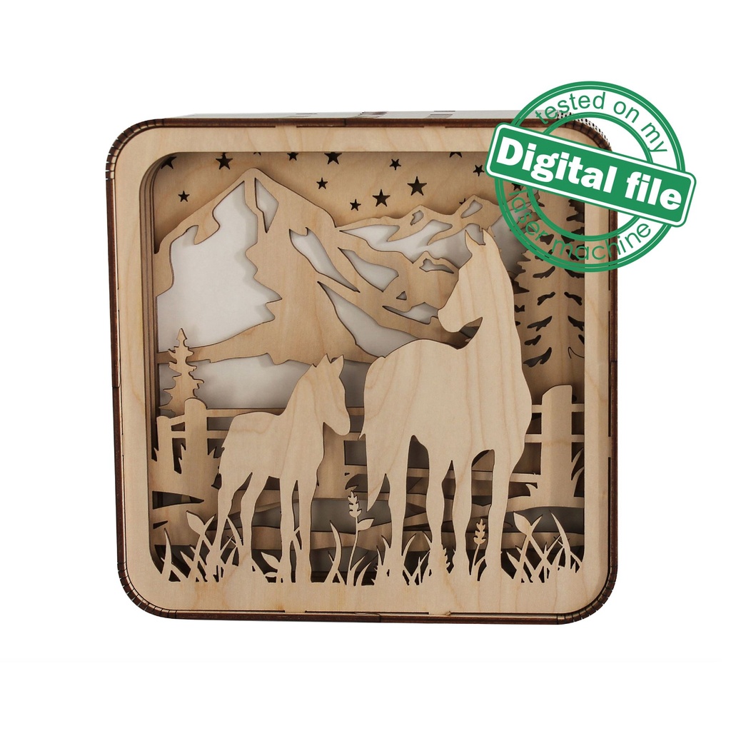 DXF, SVG files for laser Light box Horses, Mountain, Starry Sky, Shadow box, Glowforge, Material thickness 1/8 inch (3.2 mm)