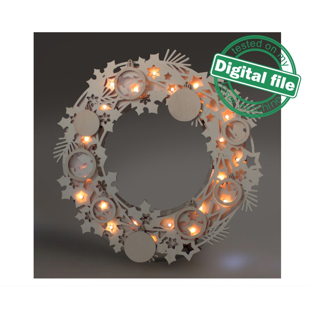 DXF, SVG files for laser Light-Up Christmas wreath, Led strip, Glowforge, Material thickness 1/8 inch (3.2 mm)