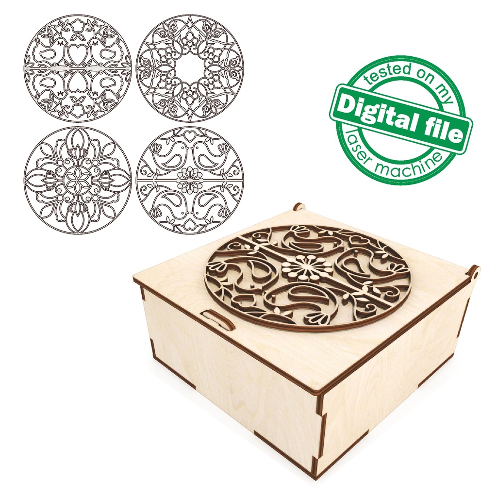 DXF, SVG files for laser Opening cover Box with ornate filigree frame, four Different designs hand carved mandala, Glowforge ready