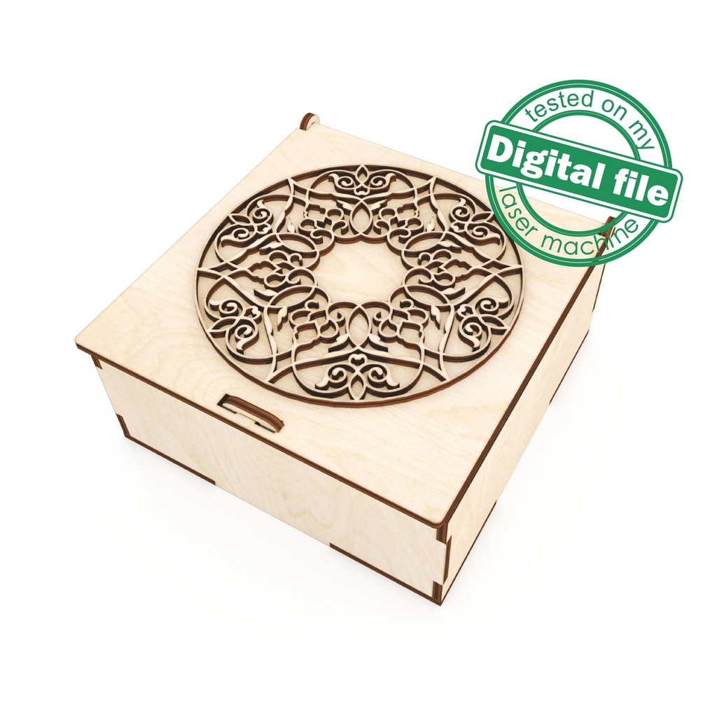 DXF, SVG files for laser Opening cover Box with ornate filigree frame, four Different designs hand carved mandala, Glowforge ready