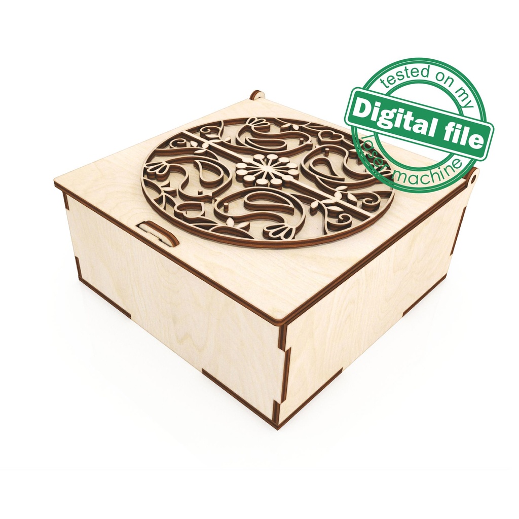 DXF, SVG files for laser Opening cover Box with ornate filigree frame, four Different designs hand carved mandala, Glowforge ready