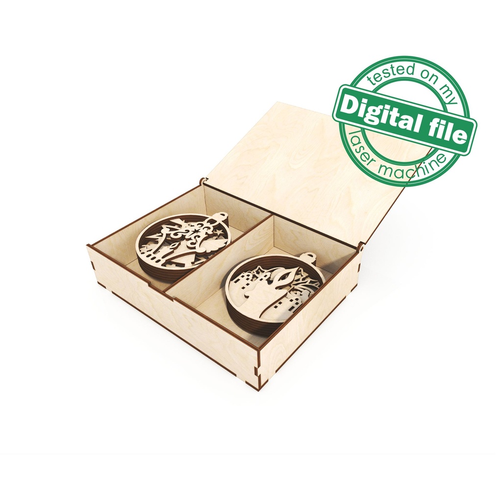 DXF, SVG files for laser Set in the box Holy Night, Gift box with 24 christmas tree ornament, Glowforge, Material 1/8 inch (3.2 mm)