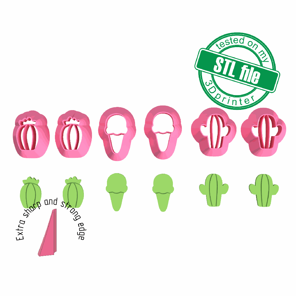 Cactuses and icecream, Sommer time collection, Digital STL File For 3D Printing, Polymer Clay Cutter, Tiny Stud, sharp, strong edge