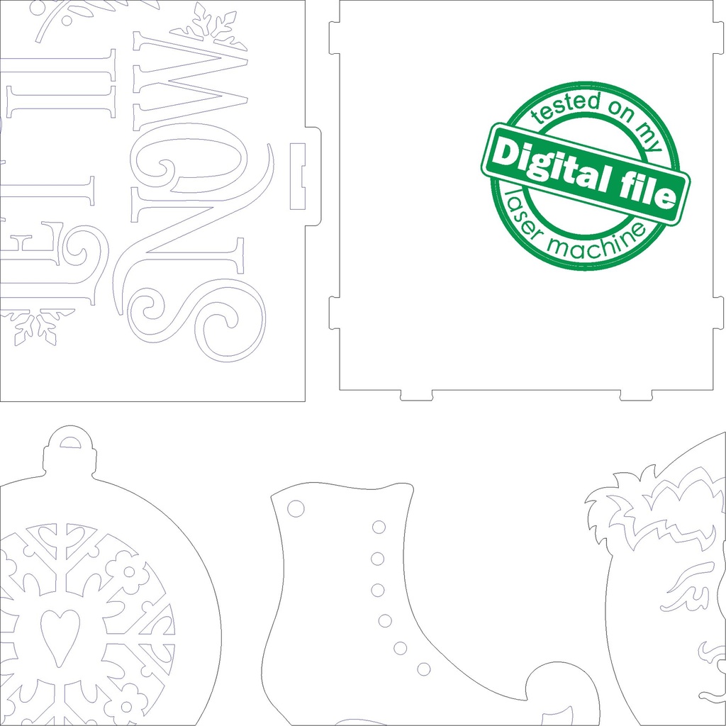 DXF, SVG files for laser Set in the box Let it Snow, Gift box with 7 christmas tree ornament, Glowforge, Material 1/8 inch (3.2 mm)