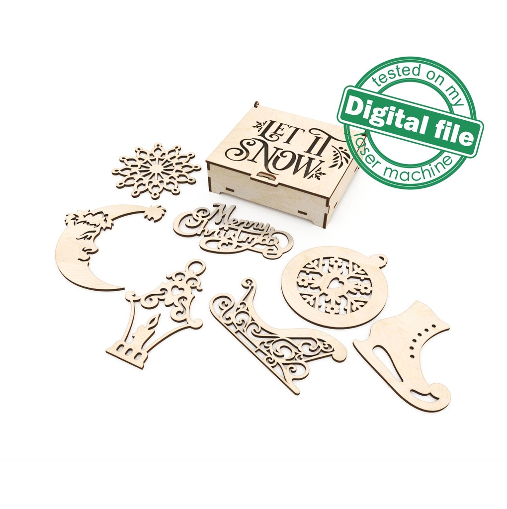 DXF, SVG files for laser Set in the box Let it Snow, Gift box with 7 christmas tree ornament, Glowforge, Material 1/8 inch (3.2 mm)