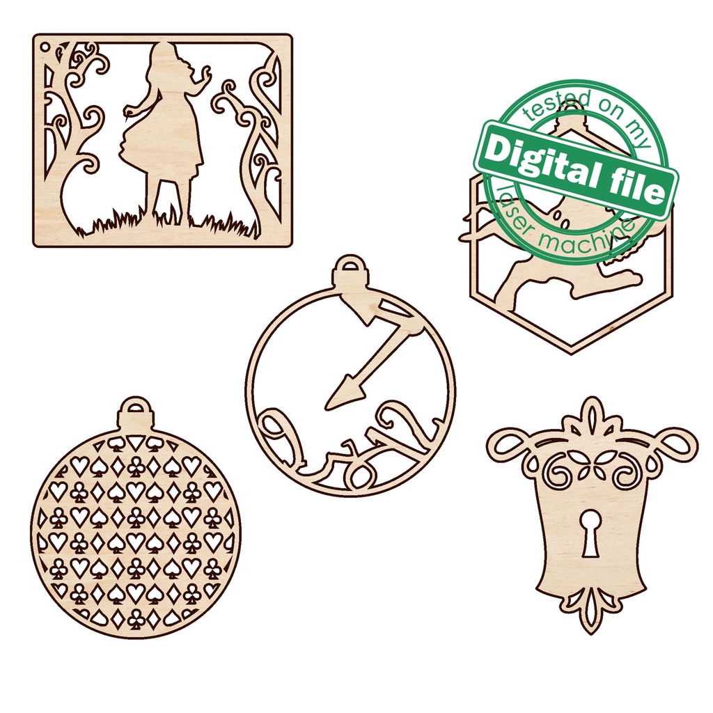 DXF, SVG files for laser Set in the gift box Alice in Wonderland, 25 christmas tree ornaments, Glowforge, Material 1/8 inch (3.2 mm)