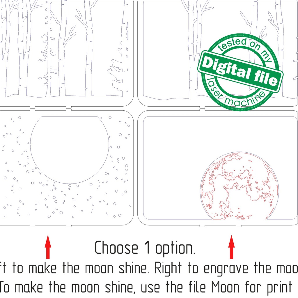 DXF, SVG files for laser Shadow Box Deer and Fox in the forest, Engraved or Glowing Moon, Glowforge, Material thickness 1/8 inch (3.2 mm)