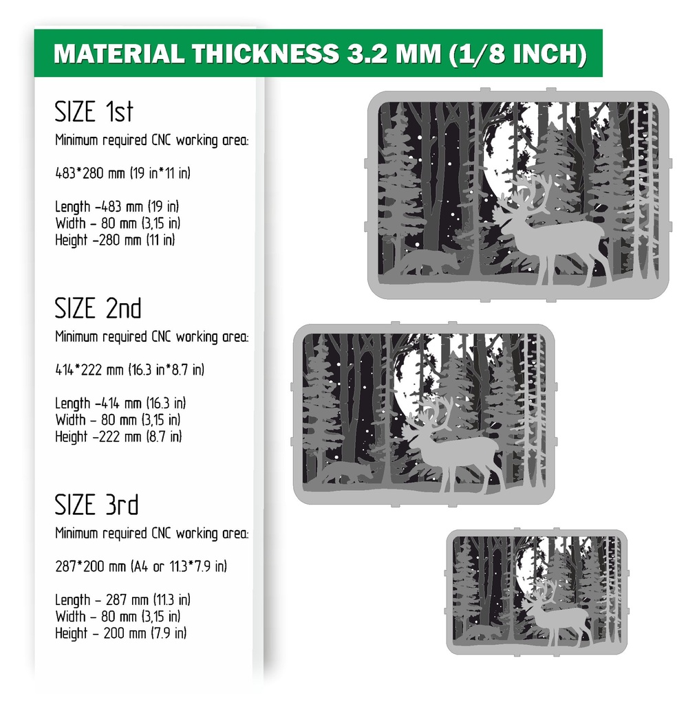 DXF, SVG files for laser Shadow Box Deer and Fox in the forest, Engraved or Glowing Moon, Glowforge, Material thickness 1/8 inch (3.2 mm)