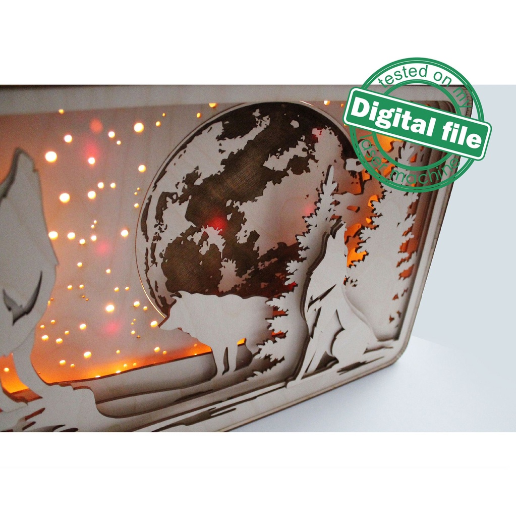 DXF, SVG files for laser Shadow Box Three Howling Wolves, Glowing Moon ...