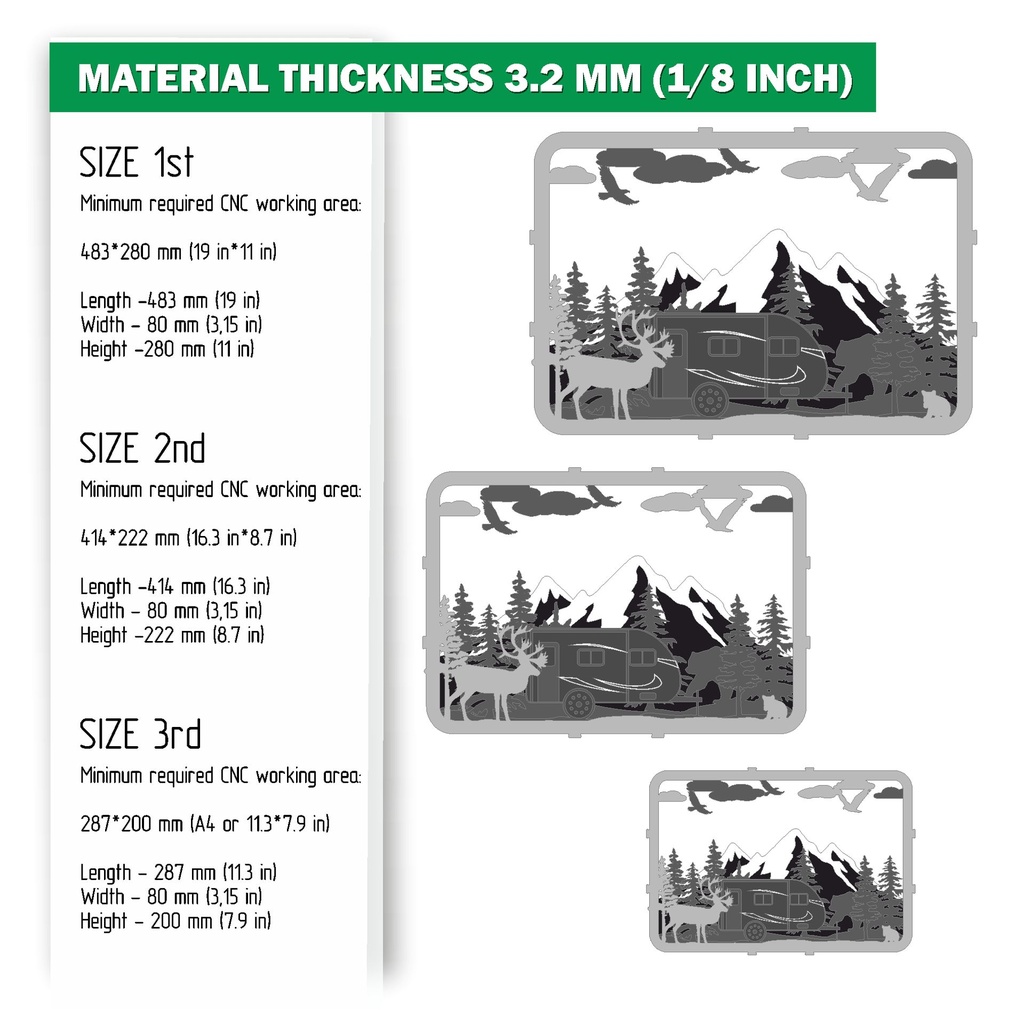 DXF, SVG files for laser Shadow Box Travel Trailer, Deer, Bear, Forest, Mountain silhouette, Glowforge, Material thickness 1/8 inch (3.2 mm)