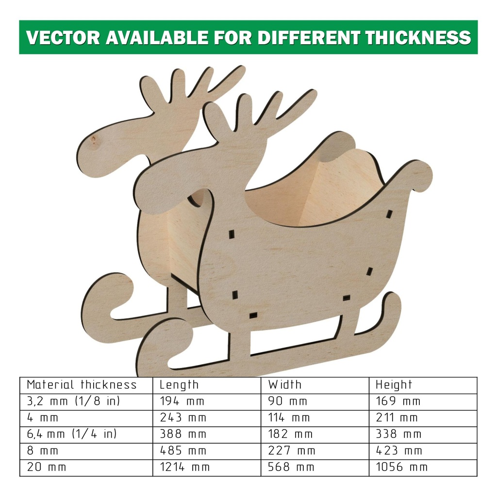 DXF, SVG files for laser Sleigh for decor inside the house or outside, Reindeer, several different material thicknesses