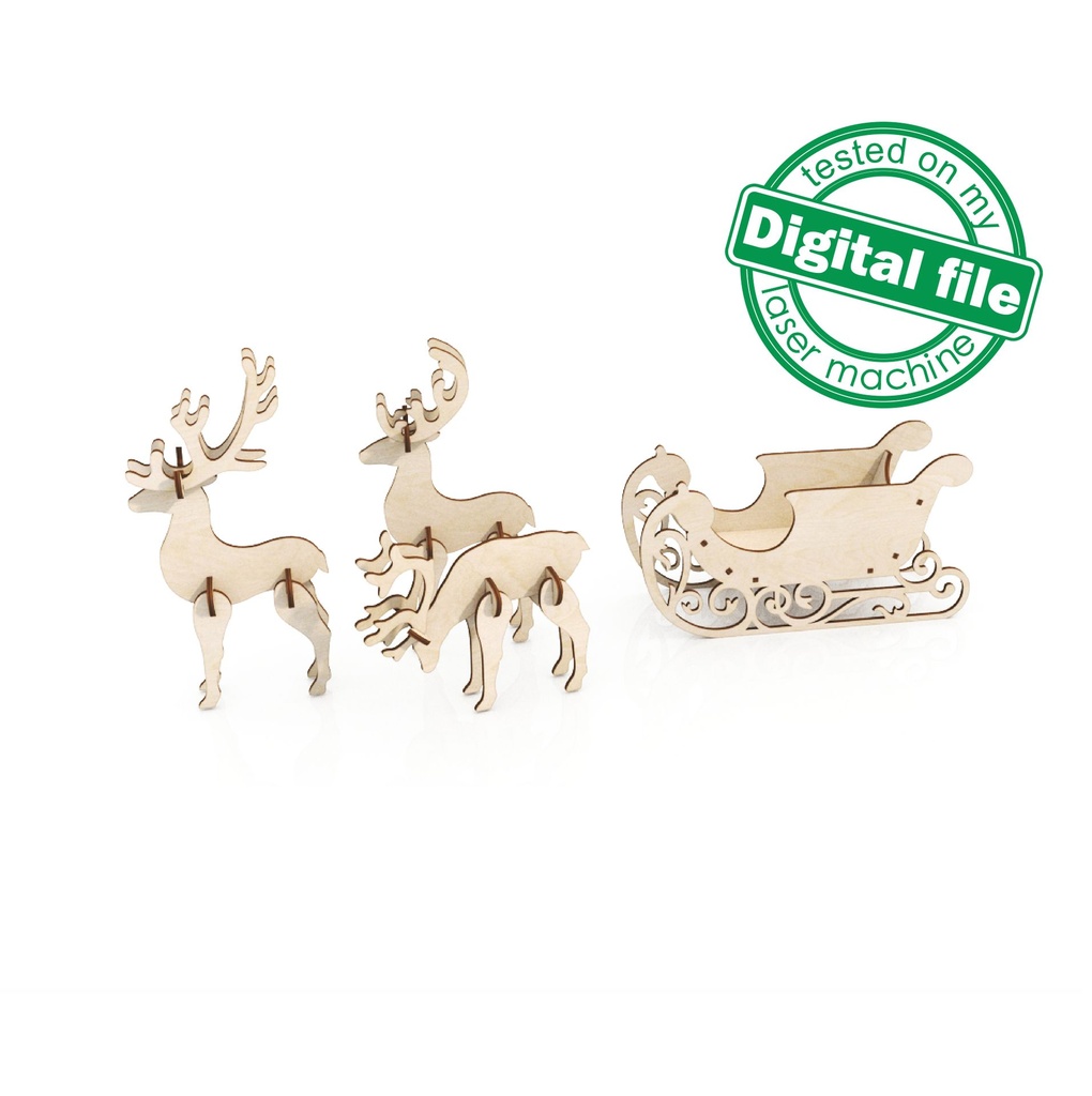 DXF, SVG files for laser Sleigh for decor inside the house or outside, Three Reindeers, several different material thicknesses