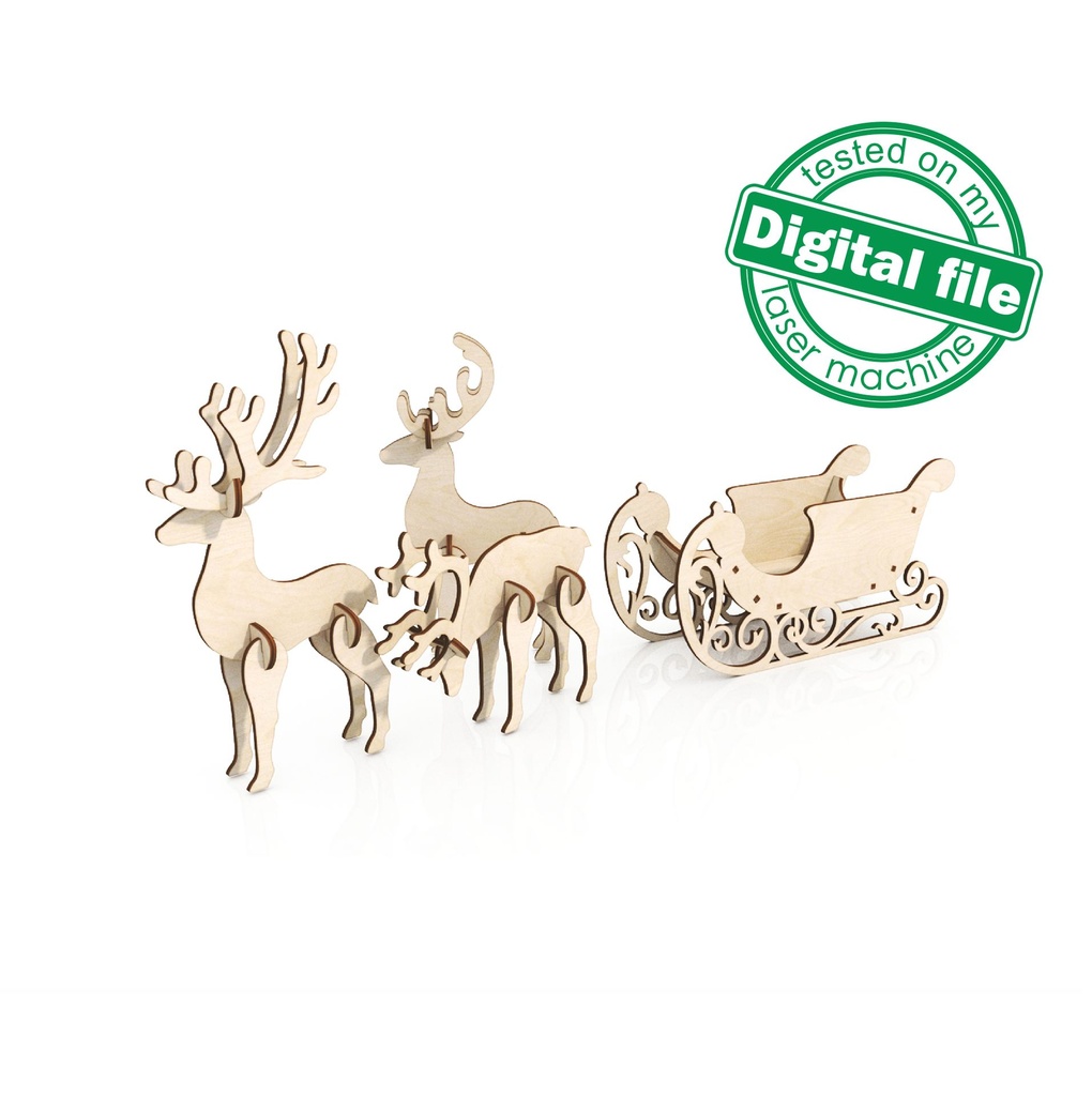 DXF, SVG files for laser Sleigh for decor inside the house or outside, Three Reindeers, several different material thicknesses