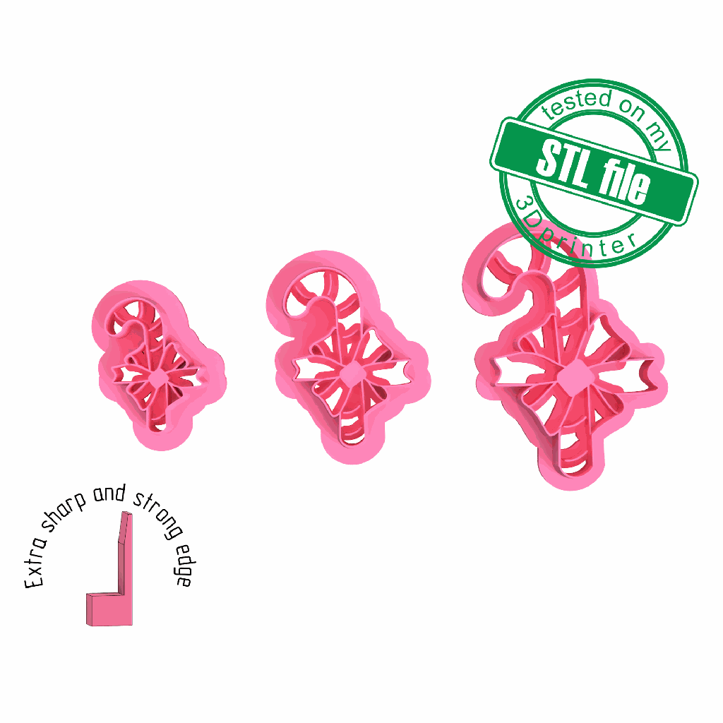 Candy stick with bow, Winter, Christmas, New Year, 3 Sizes, Digital STL File For 3D Printing, Polymer Clay Cutter, Earrings, Cookie