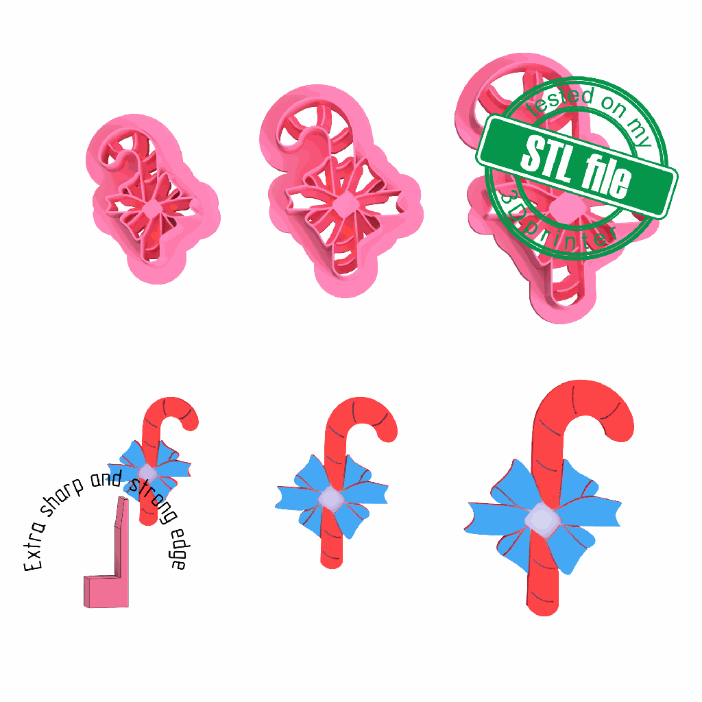 Candy stick with bow, Winter, Christmas, New Year, 3 Sizes, Digital STL File For 3D Printing, Polymer Clay Cutter, Earrings, Cookie