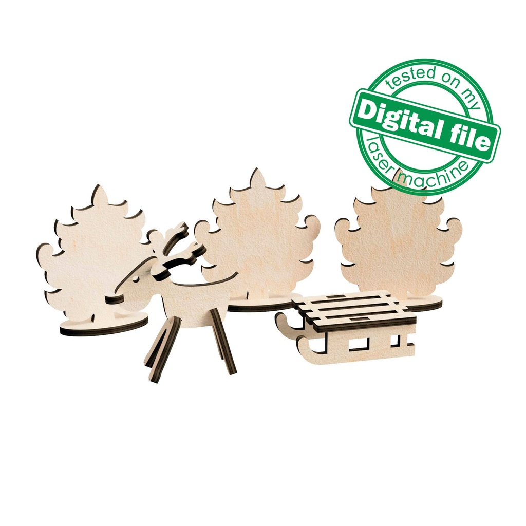 DXF, SVG files for laser Tiny Reindeer with sleigh in Winter Forest, Christmas Decoration, Tiered Tray Decor, Material 1/8 inch (3.2 mm)
