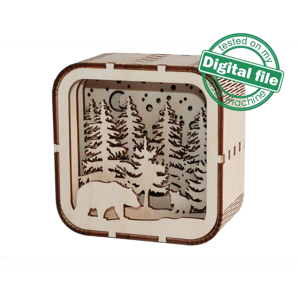 DXF, SVG files for laser Tiny cute christmas Light box in the Gift Box, Bear family, Winter Forest, Glowforge, Material 1/8 inch (3.2 mm)