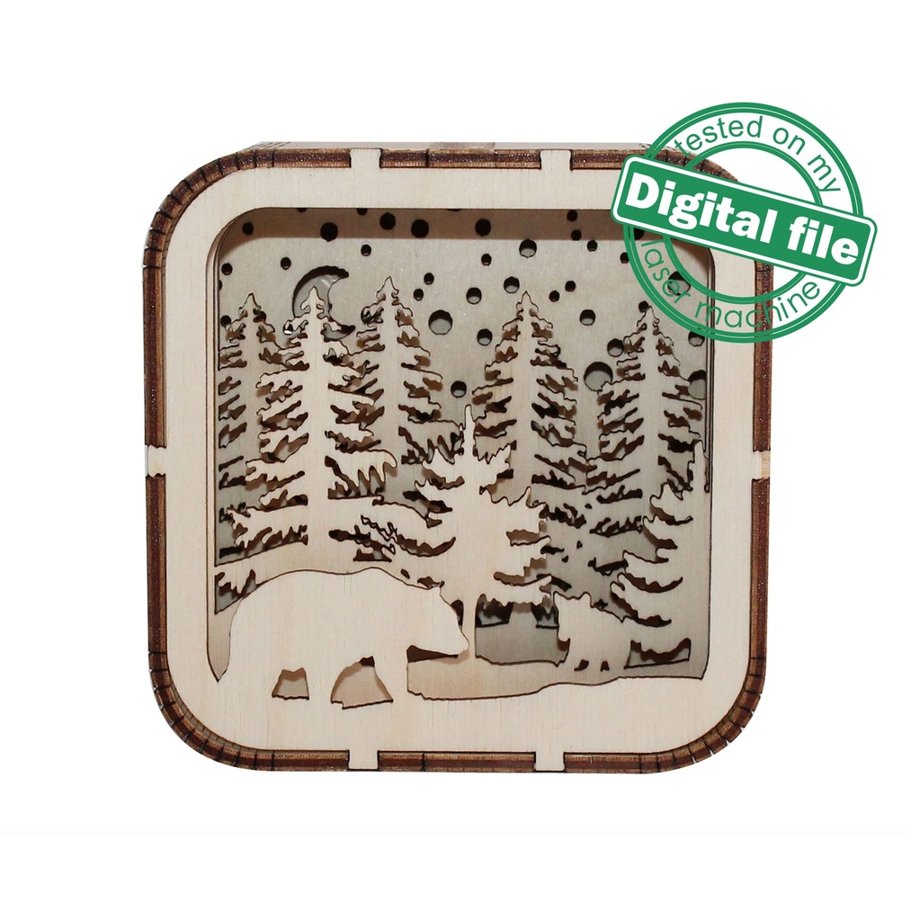 DXF, SVG files for laser Tiny cute christmas Light box in the Gift Box, Bear family, Winter Forest, Glowforge, Material 1/8 inch (3.2 mm)