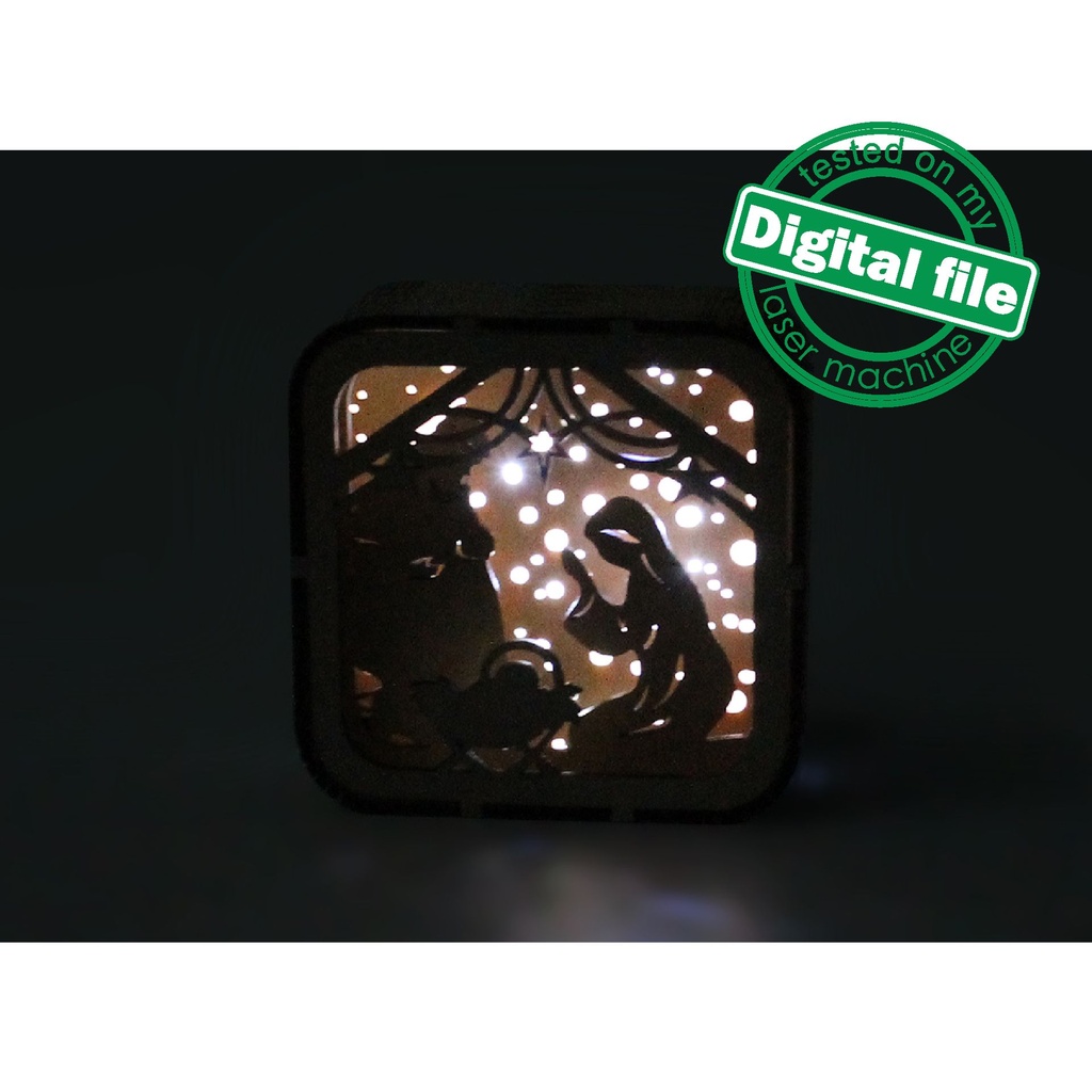 DXF, SVG files for laser Tiny cute christmas Light box in the Gift Box, Holy Night, Baby Jesus, Nativity Scene, Deva Maria, Bethlehem