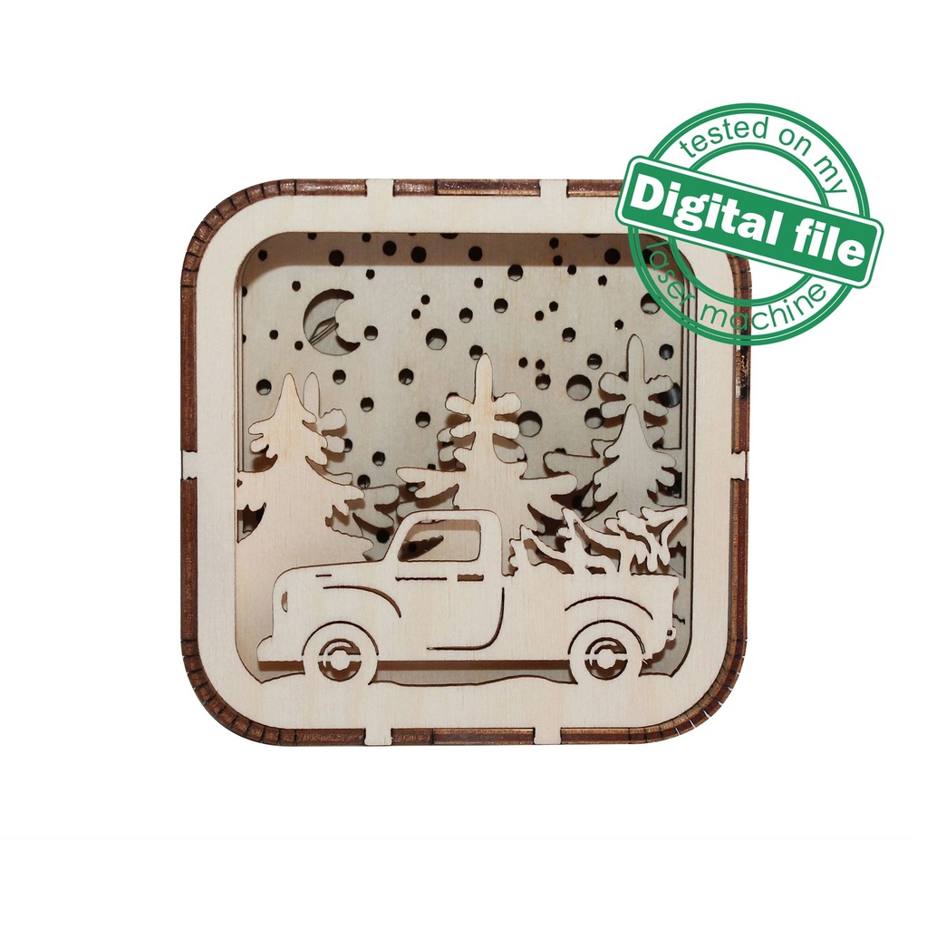 DXF, SVG files for laser Tiny cute christmas Light box in the Gift Box, Retro Vintage truck, Glowforge, Material thickness 1/8 inch (3.2 mm)