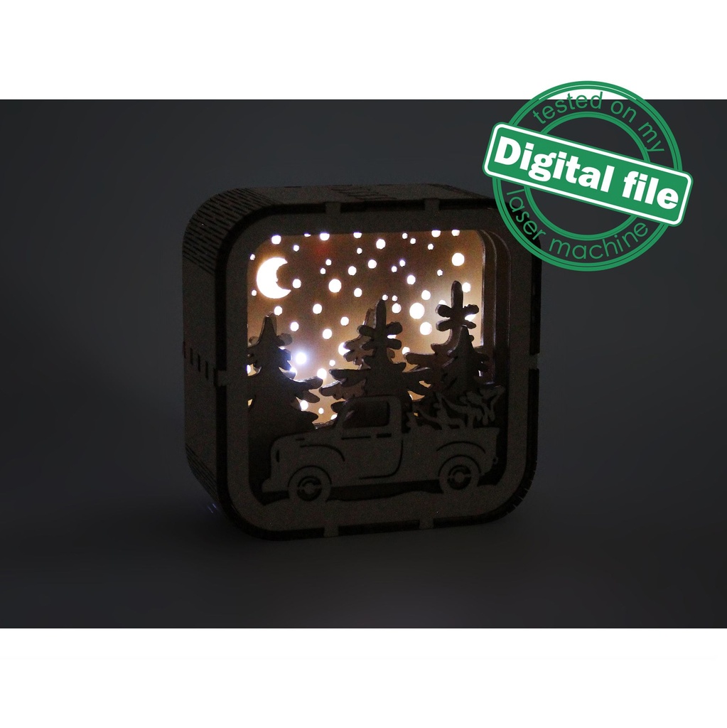 DXF, SVG files for laser Tiny cute christmas Light box in the Gift Box, Retro Vintage truck, Glowforge, Material thickness 1/8 inch (3.2 mm)