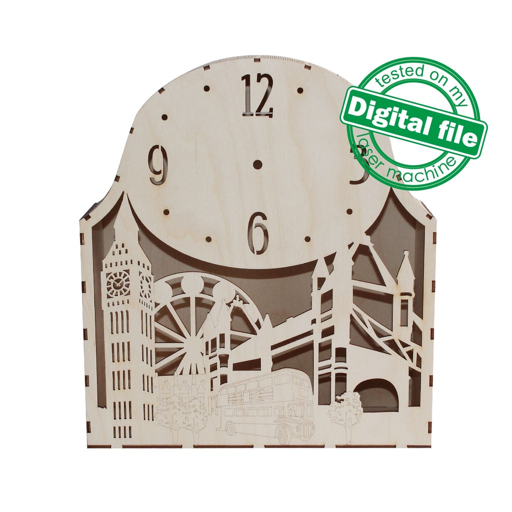 DXF, SVG files for laser Unique Modern Mantel clock London, Night Lamp, flexible plywood, Glowforge ready, Material 1/8'' (3.2 mm)