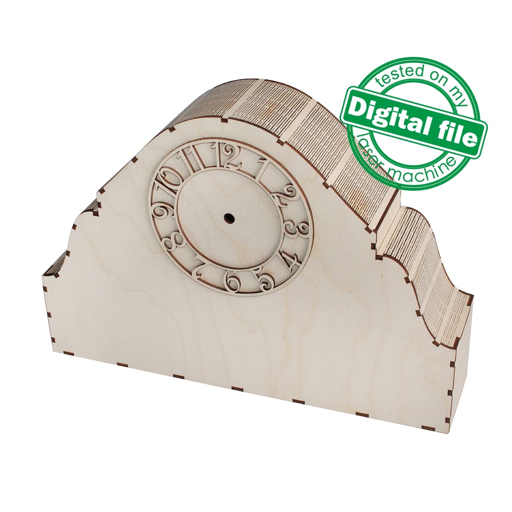 DXF, SVG files for laser Unique Modern Mantel clock, flexible plywood, Glowforge ready, Roman dial clock face, Material 1/8'' (3.2 mm)