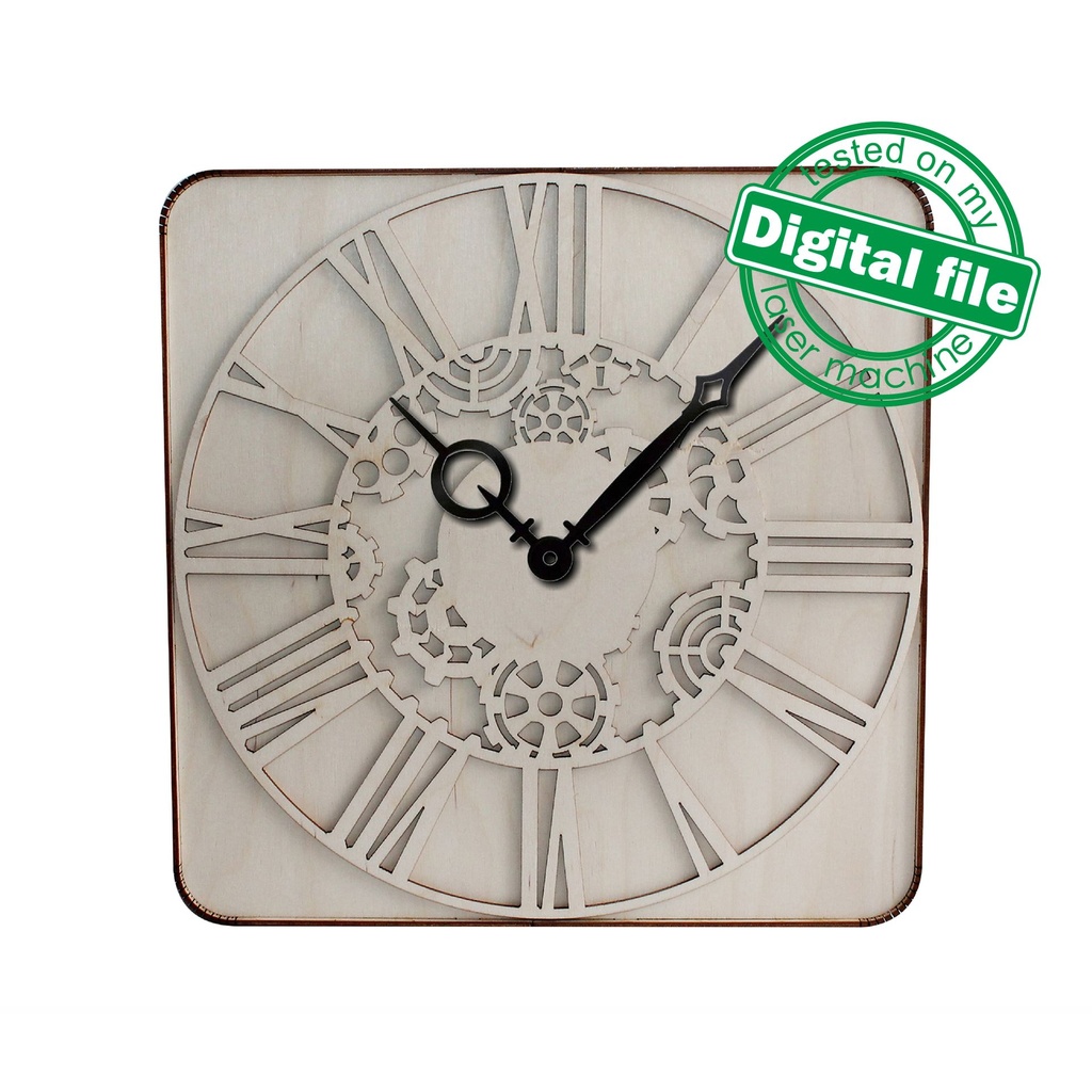 DXF, SVG files for laser Unique Modern Wall Clock Square with round corners, flexible plywood, Mechanic clock face, Material 1/8'' (3.2 mm)