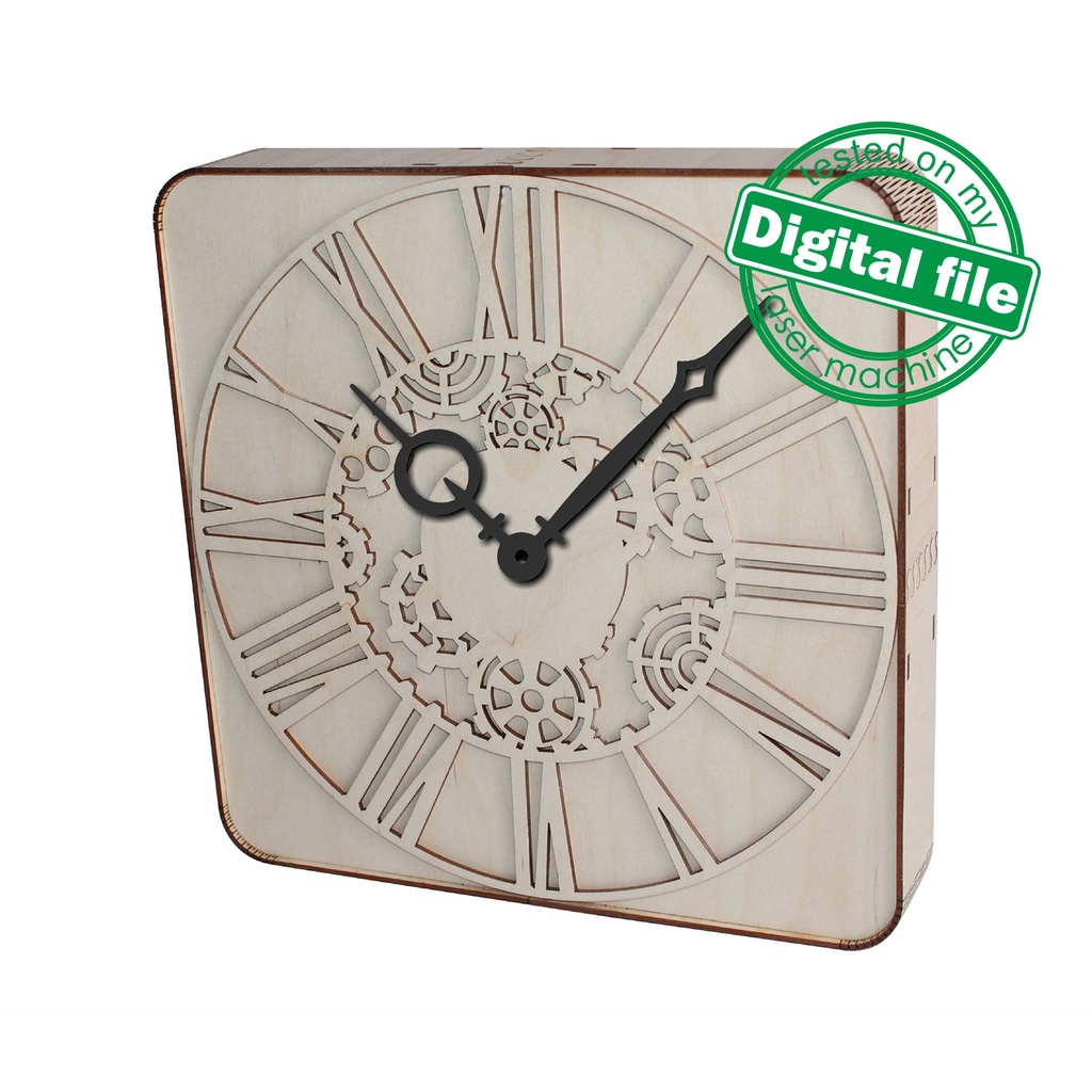 DXF, SVG files for laser Unique Modern Wall Clock Square with round corners, flexible plywood, Mechanic clock face, Material 1/8'' (3.2 mm)